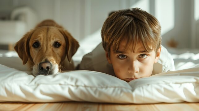 A boy with a determined look on his face, meticulously aligning the edges of his comforter with precision, while his pet dog watches curiously from the corner of the room
