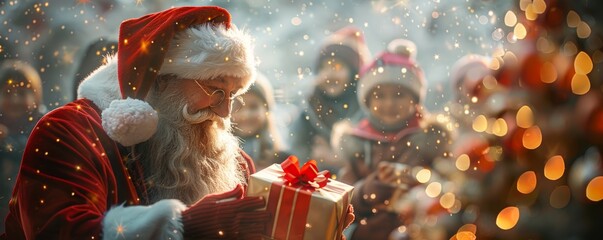 Santa Claus giving a present to children during Christmas celebration with festive lights and warm atmosphere