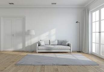 Fototapeta premium minimalist interior design of a modern living room with a sofa and white door, carpet on the floor