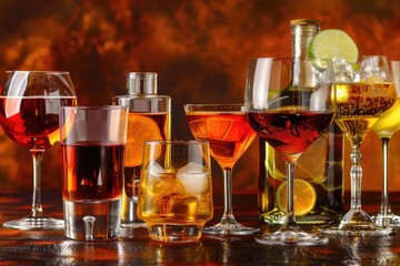 Various types of strong liquor in glasses on a brown background vodka cognac tequila scotch brandy whiskey grappa liqueur vermouth tincture rum