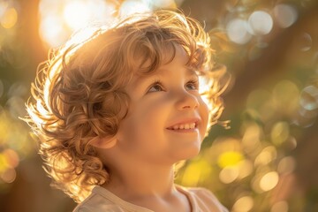 Fototapeta premium Radiant Child: Profile Portrait of a Joyful Kid in Cream Apparel Bathed in Bright Light