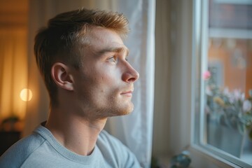 Obraz premium Portrait of a Hopeful Man in Pastel Grey Under Indoor Lighting