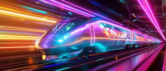 Bullet train traveling down a track with neon lights in energetic and exciting high speed motion blurred