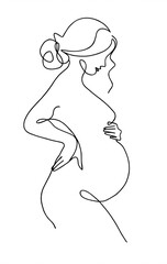 Contour drawing of a pregnant woman in side profile, while her hand gently touches her belly.  The drawing emphasises the silhouette of the woman and the curve of her belly, emphasising her pregnancy.