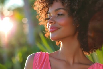Serene woman in profile view, exuding contentment in bright pink attire under soft light glow