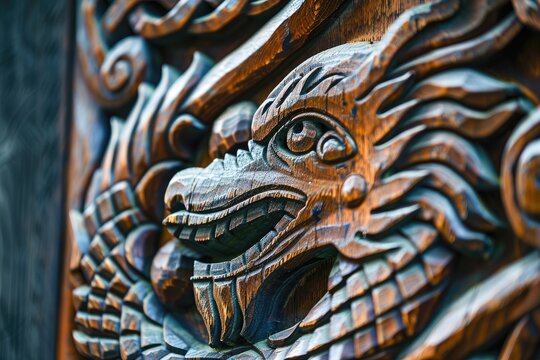 Viking wood carving of a wolf or dragon with shallow focus