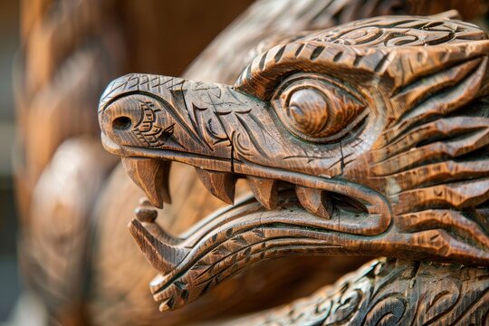 Viking wood carving of a wolf or dragon with shallow focus