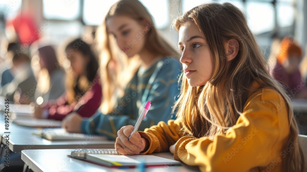 Poster focused students sitting in a classroom attentively taking notes during a lecture
