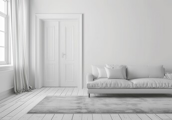 minimalist interior design of a modern living room with a sofa and white door, carpet on the floor