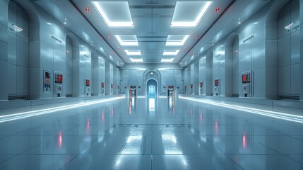 Fototapeta premium A long, white hallway with a reflective floor and bright lights