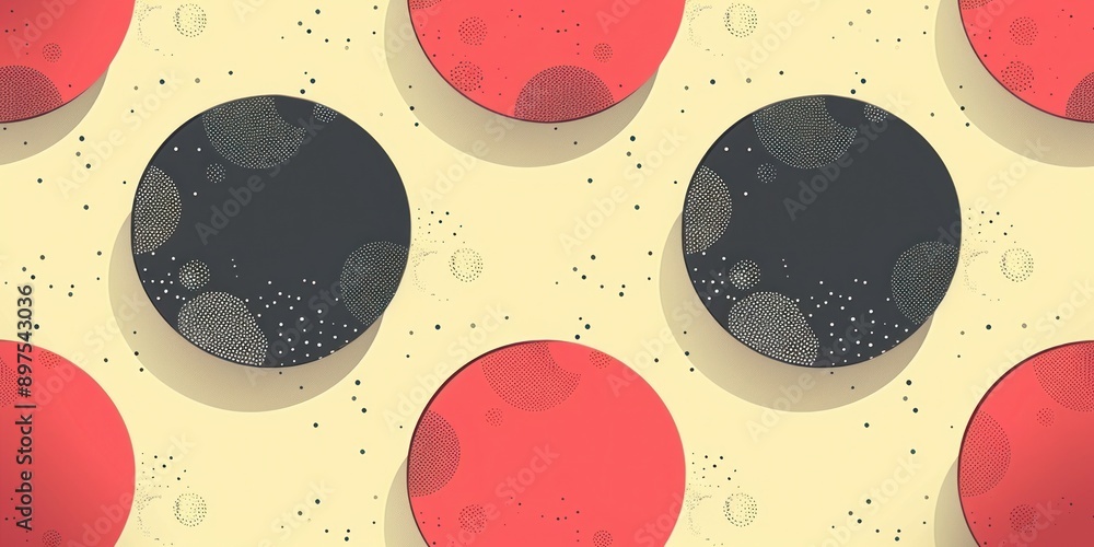 Poster seamless repeating pattern featuring red and black circles on a cream background