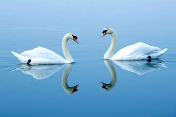 Fototapeta premium Pair of swans gracefully swimming on calm lake reflections mirrored in water