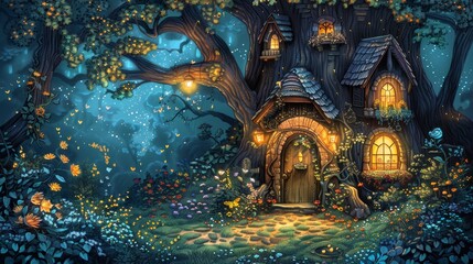 A charming coloring scene of a fairy house nestled in a tree trunk, with a tiny garden and lanterns lighting up the night.
