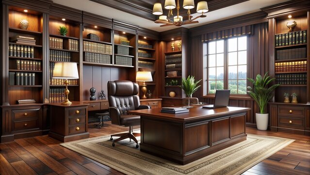 Modern law office with dark wood furniture, leather-bound books, and a large wooden desk, conveying professionalism and sophistication in a neutral-colored room.