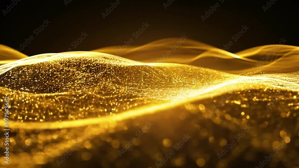 Poster shimmering golden waves flow across a black background, creating a dynamic and luxurious abstract pa