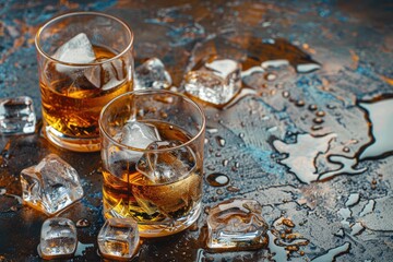Whiskey or brandy in a glass with ice on rustic background Focus on glass