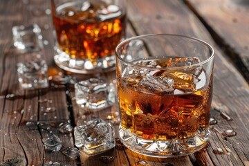 Whiskey or brandy with ice in glass Rum with ice on wooden background Selective focus