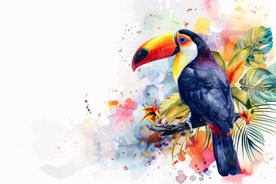 Vibrant Watercolor Toucan Perched on Branch in Exotic Foliage - Tropical Bird Illustration on White Background