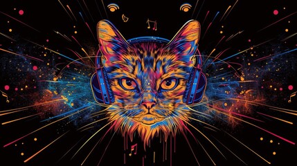 Obraz premium Close-up of fluffy kitten in fashionable style wearing headphones listening to music. Illustration in drawn style. Design for t-shirts, mugs, covers, etc.