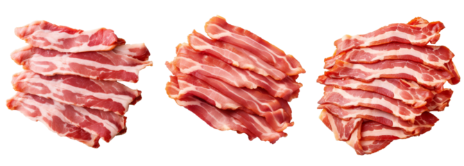 top view flat lay raw bacon slice strips, PNG isolated transparent background