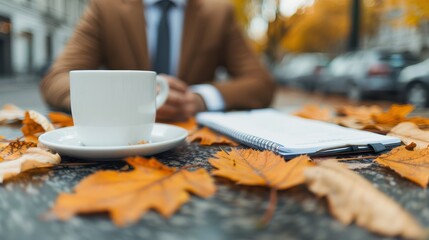 A cozy autumn scene featuring a cup of coffee, notebook, and colorful leaves on a table, perfect for work or relaxation.