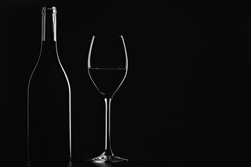 Wine bottle and glass silhouette on black background