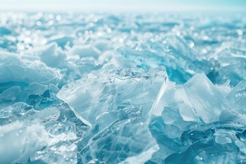 Winter scene with blue ice fragments and ice floes on Lake Baikal Cold harsh environment
