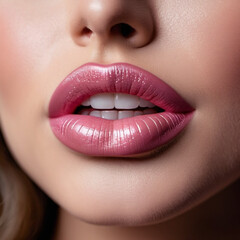 Fototapeta premium A close-up of a woman's lips, featuring shimmering pink lipstick that adds a touch of sparkle. The lips are slightly parted, revealing a glimpse of white teeth. Sensuality and sexuality. AI generated