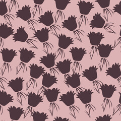 Elegance pink floral stems seamless pattern on a grey background. Vector hand drawn. Artistic, abstract flowers and tiny leaves, buds bells printing. Template for designs, fabric, fashion, textile
