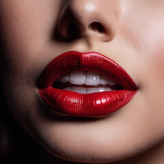Fototapeta premium A close-up of a woman's lips, featuring shimmering red lipstick that adds a touch of sparkle. The lips are slightly parted, revealing a glimpse of white teeth. Sensuality and sexuality. AI generated