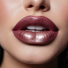 Fototapeta premium Close-up of woman or young girl lips featuring shimmering brown, burgundy or maroon sparkle lipstick. Lips are slightly parted, revealing a glimpse of white teeth. Sensuality sexuality. AI generated