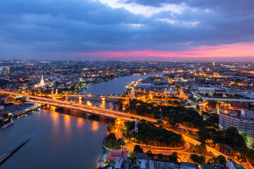 Amazing Bangkok City Chao Phraya River Landmark The top of the view art of culture at landmark in Thailand  in the evening view