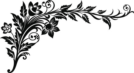 Black silhouette of a hand-drawn decorative floral design for corner embellishments.