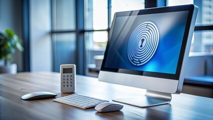 Secure login process with multiple verification methods, including thumbprint scanner, numeric keypad, and smartcard reader, on a modern desktop computer against a blurred background.