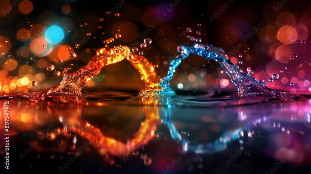 Poster a vibrant close-up of dynamic splashing water illuminated by colorful bokeh lights in the background