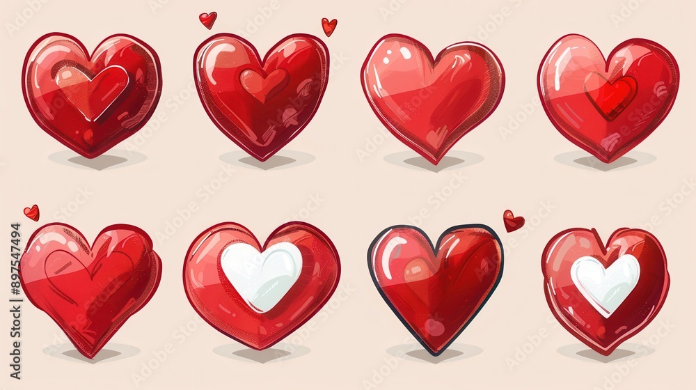 Fototapete a collection of eight red heart illustrations with different styles and poses. generative ai