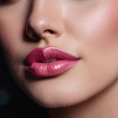 Obraz premium A close-up of a woman's lips, featuring shimmering pink lipstick that adds a touch of sparkle. The lips are slightly parted, revealing a glimpse of white teeth. Sensuality and sexuality. AI generated