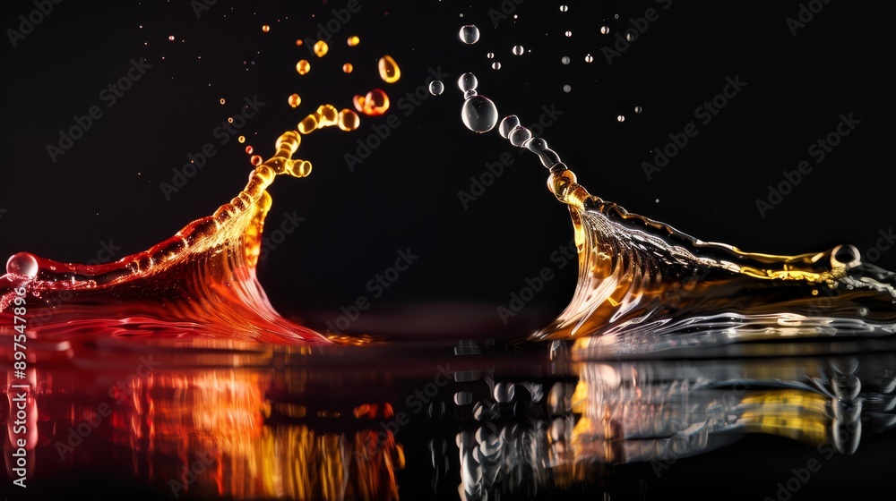 Poster this image features vibrant liquid splashes, creating a dynamic and colorful effect with a modern an