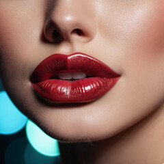 Obraz premium A close-up of a woman's lips, featuring shimmering burgundy maroon lipstick, touch of sparkle. The lips are slightly parted, revealing a glimpse of white teeth. Sensuality and sexuality. AI generated