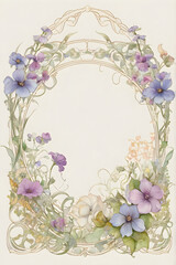 modern art nouveau wildflower frame border, for wedding invitations, with empty space in the middle, delicate wildflowers, generative ai