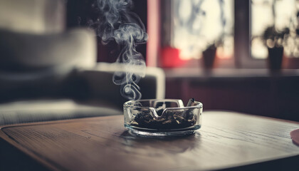 Obraz premium Burning cigarette in an ashtray.