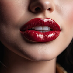 Fototapeta premium A close-up of a woman's lips, featuring shimmering red lipstick that adds a touch of sparkle. The lips are slightly parted, revealing a glimpse of white teeth. Sensuality and sexuality. AI generated