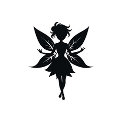 A black silhouette of a fairy girl Vector, Black silhouette of a fairytale little fairy isolated on a white background. Vector illustration for design.