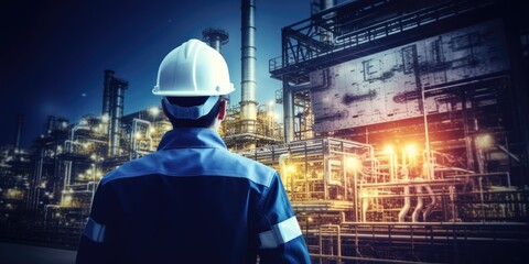 Male industrial, Electrical engineer with helmet and blueprints in hands checking, maintenance, and analysis data of power plant station project on a substation and networking