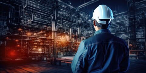 Male industrial, Electrical engineer with helmet and blueprints in hands checking, maintenance, and analysis data of power plant station project on a substation and networking