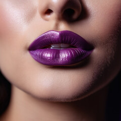 A close-up of a woman lips, featuring shimmering purple lipstick that adds a touch of sparkle. Lips are slightly parted, revealing a glimpse of white teeth. Sensuality and sexuality. AI generated