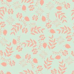 Elegance pink floral stems seamless pattern on a grey background. Vector hand drawn. Artistic, abstract flowers and tiny leaves, buds bells printing. Template for designs, fabric, fashion, textile
