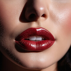 Naklejka premium A close-up of a woman's lips, featuring shimmering burgundy maroon lipstick, touch of sparkle. The lips are slightly parted, revealing a glimpse of white teeth. Sensuality and sexuality. AI generated