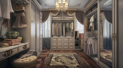 Dressing room, clothes closets and home fitting room.