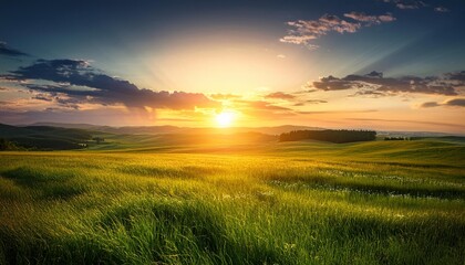 wonderful epic nature landscape of a sun rising at the horizon with a grass field in front